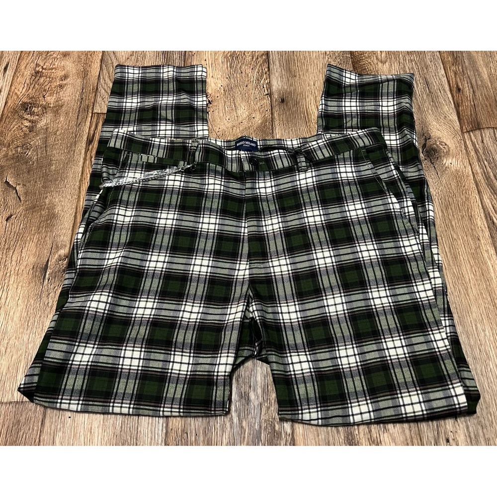 Rosso Milano Pants Plaid Tag 38/32 Measure 40/32 Black White Green Blue Stretch